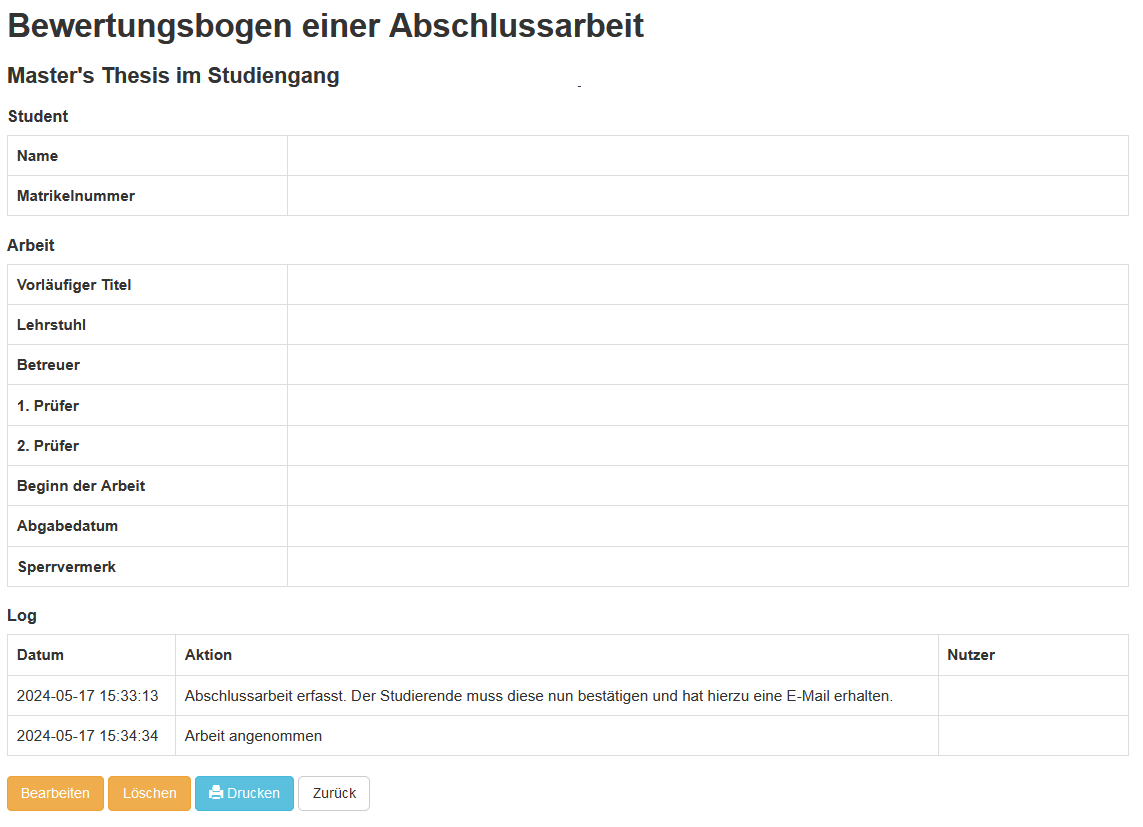 Screenshot des Bewertungsbogens einer Abschlussarbeit im ED-Portal, wo alle Details einer Abschlussarbeit und ein Log-File über alle Aktionen zu sehen sind.