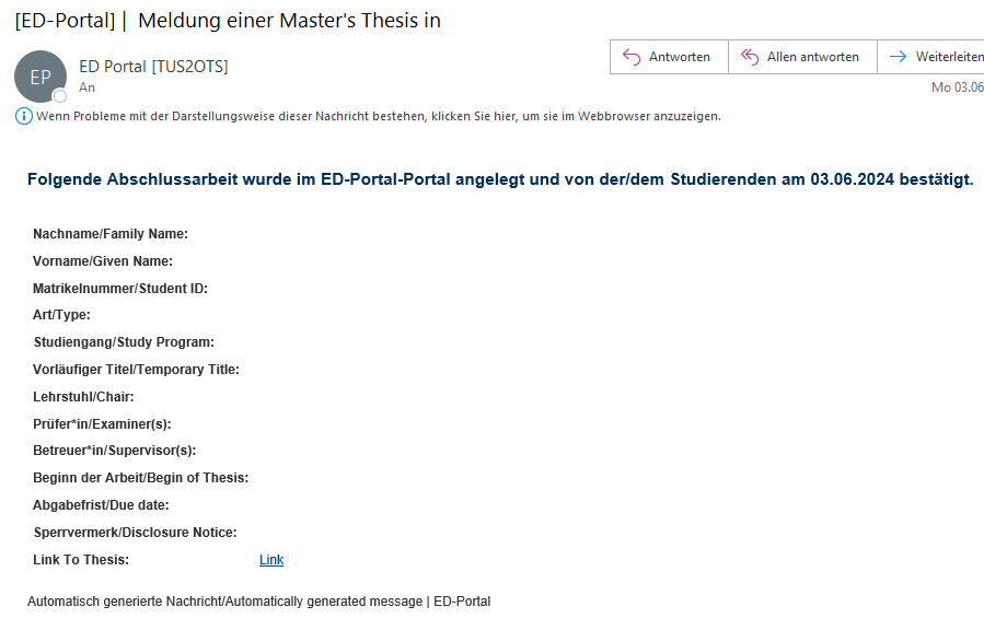 Bild der Email an das School Office, mit den Informationen zu einer neuen Anmeldung zur Abschlussarbeit und einem Link, der direkt zu dieser Abschlussarbeit im ED-Portal führt.