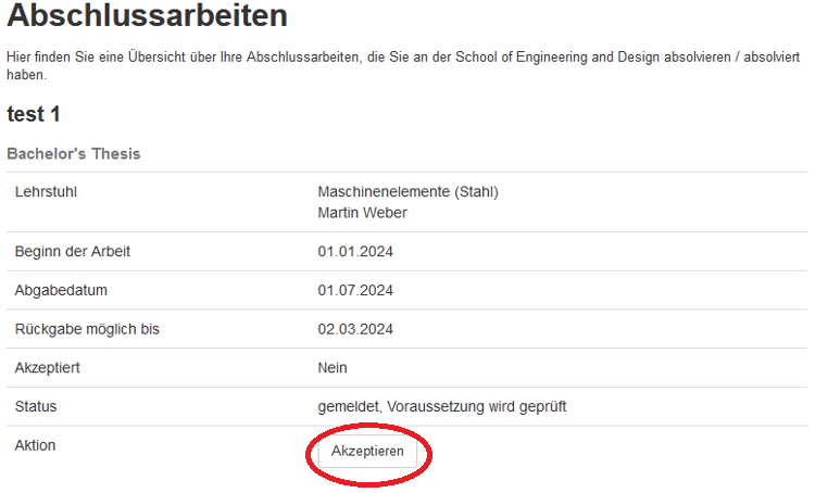 Screenshot der Übersicht für Studierende über alle Abschlussarbeiten, die für sie im ED-Portal angemeldet wurden.