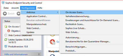 Fenster Sophos Endpoint Security an Control. Ausgewählt, Menü Konfigurieren, Antivirus, On-Access-Scans.