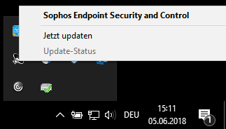 Fenster, unten mit Statusleiste, darüber verschiedene Symbole. Überlagerung vom Untermenü, Sophos Endpoint Security an Control, Jetzt updaten, ausgeblendet Update-Status.
