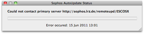 Fenster Sophos AutoUpdate Status. Could not contact primary server http Doppelpunkt Schrägstrich Schrägstrich sophos.lrz.de Schrägstrich remoteupd Schrägstrich ESCOSX . Error occured, 15 Jun 2011 13..01.