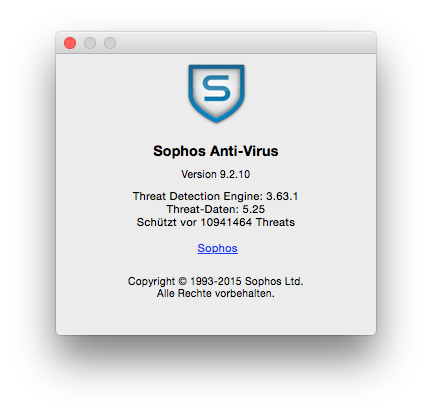 Sophos-Symbol, Buchstabe S auf Schild. Sophos Anti-Virus. Version 9.2.10. Thread Detection Engine, 3.63.1. Threat-Daten, 5.25. Schützt vor 10941464 Threats. Anklickbar, Spophos. Copyright 1993-2015 Sophos Ltd. Alle rechte vorbehalten.