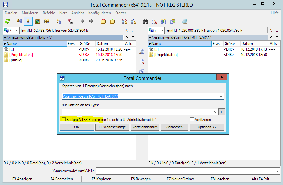 Total Commander window with version information. menu bar. toolbar. Below is a split view of two directories for source and destination. On both sides a first selection field with the screen symbol in front of a circle, backslash, next to it in square brackets mnfk and information on the storage space (x free of y), a second selection field with the current directory, on the left backslash backslash nas.mwn.de backslash mnfk backslash ls1 backslash asterisk dot asterisk, right backslash backslash isar.mwn.de backslash mnfk backslash ls1 backslash 01_ISAR backslash asterisk dot asterisk. Below this is the directory content with the fields Name, Ext., Size, Date, Attr. In directories, the Size column contains the information less than sign DIR greater than sign. Below the two fields with the directory content, the specification of the left directory backslash backslash nas.mwn.de backslash mnfk backslash ls1 with an empty input field. Finally, the fields F3 View, F4 Edit, F5 Copy, F6 Move, F7 New Folder, F8 Delete, Alt-F4 Exit. The description is continued with the graphic below (mini-duplicate).