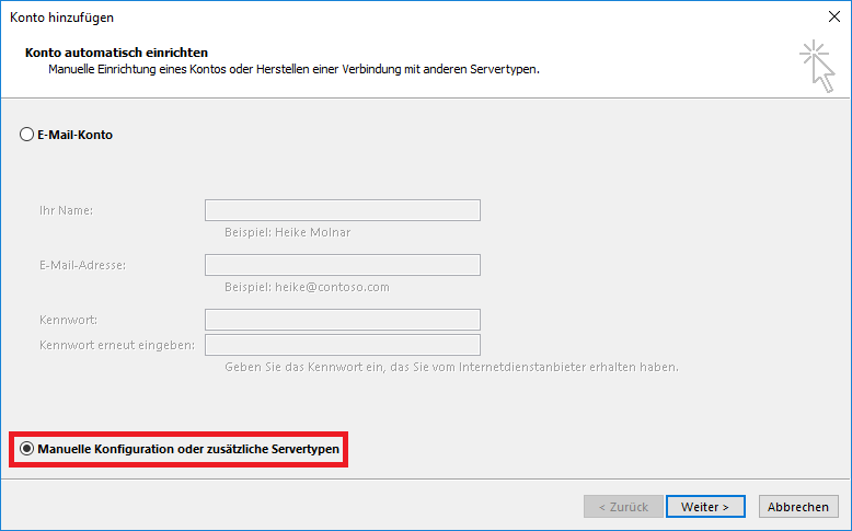 Fenster Konto hinzufügen. Konto automatisch einrichten. Manuelle Einrichtung eines Kontos oder Herstellen einer Verbindung mit anderen Servertypen. Nicht ausgewählter Radioknopf, E-Mail-Konto. Abgeblendete Kontoparameter mit leeren Feldern. Manuelle Einrichtung eines Kontos oder Herstellen einer Verbindung mit anderen Servertypen. Markiert Ausgewählter Radioknopf, Manuelle Konfiguration oder zusätzliche Servertypen. Ganz unten rechts, 3 Schaltflächen abgeblendet Zurück, Weiter, Abbrechen.