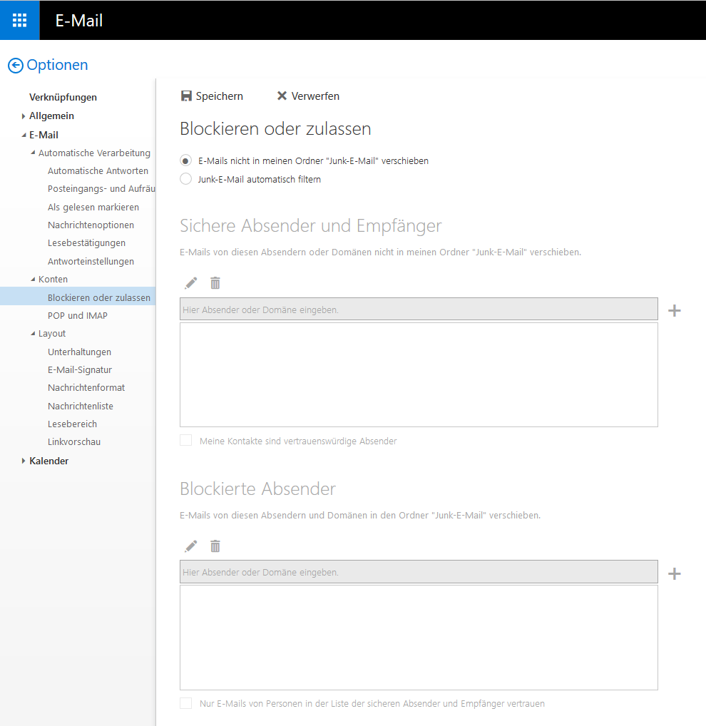 Grafik mit schwarzen Titelbalken E-Mail wie zuvor, nur ist im Hauptfeld unter Blockieren oder zulassen die erste Alternative gewählt. Ausgewählter Radioknopf. E-Mail nicht in meinen Ordner Junk-E-Mail verschieben. Die Abschnitte Sichere Absender und Empfänger sowie Blockierte Absender.