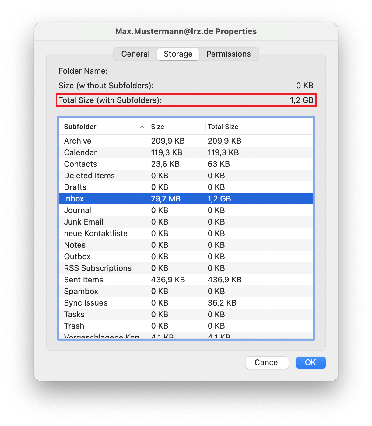 Window Max.Mustermann At lrz.de Properties. 3 tabs, General, selected Storage, Permissions. Folder name colon, empty. Size (without Subfolders) colon, rightmost 0 KB. Marked Total size (with Subfolders) colon, rightmost 1,2 GB. Table with 3 columns Subfolders, right down arrowhead for descending sort, Size, Total Size. 18 entries, highlighted subfolder Inbox, Size 79.7 MB, Total Size 1,2 GB. At the very bottom right, Cancel, OK buttons.