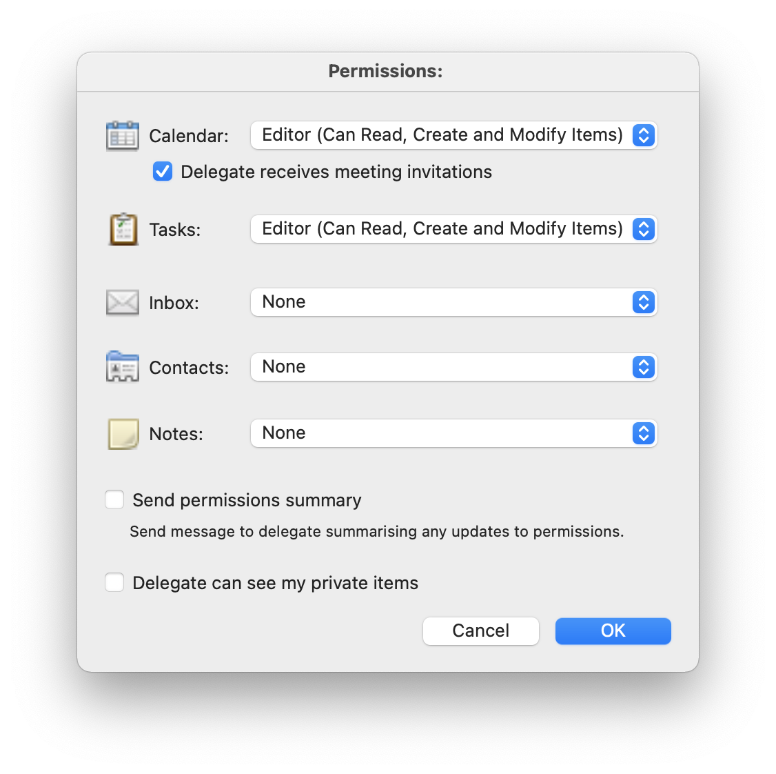 Window Permissions colon. Calendar icon, Calendar, Editor (can Read, Create and Modify Items) selection box, indented below, box with check mark, Delegate receives meeting invitations. Symbol Writing board, Tasks, selection field Editor (Can Read, Create and Modify Items). Icon Envelope, Inbox, selection box None. Icon Tab, Contacts, selection box None. Icon Notepad, Notes, selection box None. Empty box, Send permissions summary. Send a message to delegate summarising any updates to permissions. Empty box, Delegate can see private items. At the very bottom right, Cancel, OK buttons.