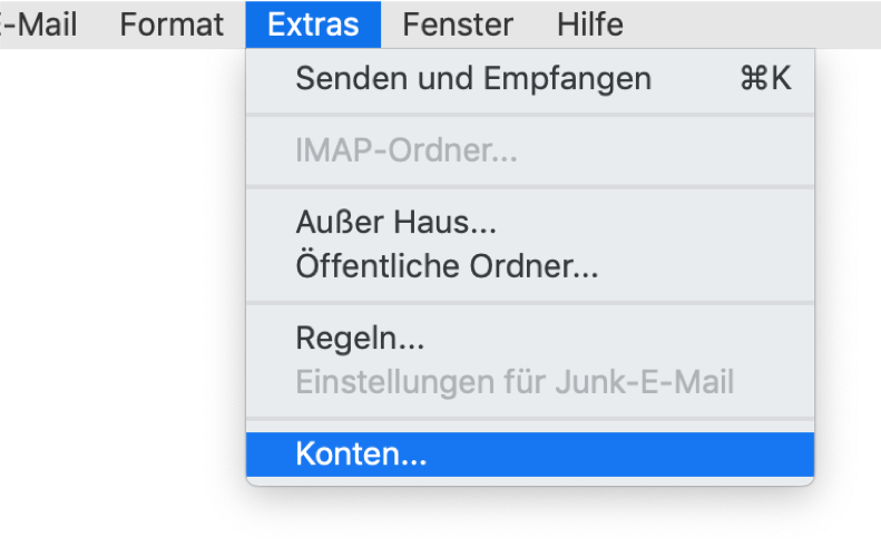 Ausgeklapptes Menü Extras. Senden und Empfangen, rechts Befehl-K. Trennstrich. Abgeblendet IMAP-Ordner... Trennstrich. Außer Haus... Öffentliche Ordner... Trennstrich. Regeln... Abgeblendet Einstellungen für Junk-E-Mail. Trennstrich. Ausgewählt Konten...