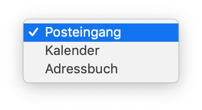 Kleiner Ausschnitt mit den 3 möglichen Einstellungen für Ordnertyp. Ausgwählt Haken, Posteingang. Kalender. Adressbuch.