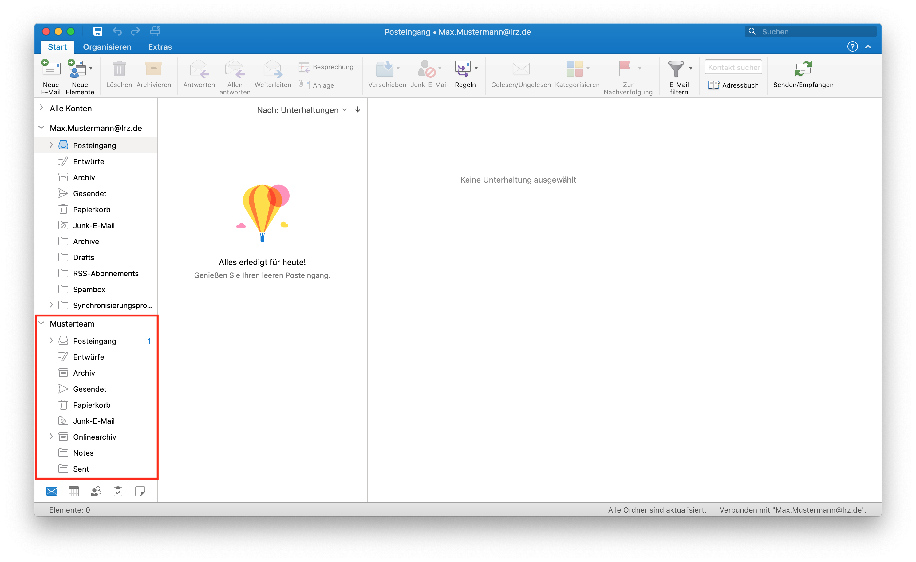 Outlook-Fenster Posteingang, Max.Mustermann At lrz.de. In der linken Spalte mit den Konten ist unterhalb des ausgeklappten Kontos Max.Mustermann At lrz.de markiert das ausgeklappte Konto Musterteam.