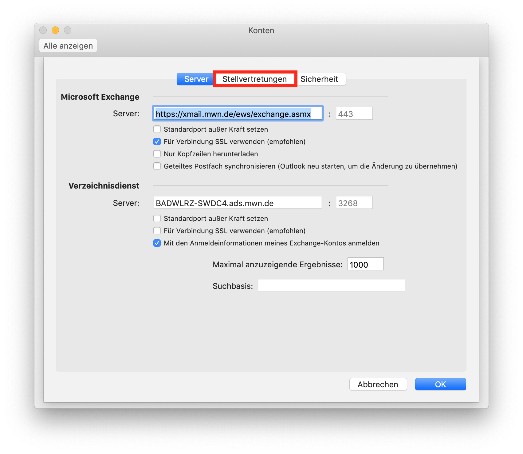 Fenster Konten, überlagert von einem Fenster mit 3 Registerkarten, ausgewählt Server, mit markiertem Reiter Stellvertretungen, Sicherheit. Bereich Microsoft Exchange. Server, Eingabefeld ausgewählter Text https Doppelpunkt Schrägstrich Schrägstrich xmail.mwn.de Schrägstrich ews Schrägstrich exchange.asmx, Doppelpunkt, Eingabefeld 443. Leeres Kästchen, Standardport außer Kraft setzen. Kästchen mit Haken, Für Verbindung SSL verwenden (empfohlen). Leeres Kästchen, Nur Kopfzeilen herunterladen. Leeres Kästchen, Geteiltes Postfach synchronisieren (Outlook neu starten, um die Änderung zu übernehmen). Bereich Verzeichnisdienst. Server, Eingabefeld BADWLRZ-SWDC4.ads.mwn.de, Doppelpunkt, Eingabefeld 3268. Leeres Kästchen, Standardport außer Kraft setzen. Leeres Kästchen, Für Verbindung SSL verwenden (empfohlen). Kästchen mit Haken, Mit den Anmeldeinformationen meines Exchange-Kontos anmelden. Maximal anzuzeigende Ergebnisse, Eingabefeld 1000. Suchbasis, leeres Eingabefeld. Ganz unten rechts, Schaltflächen Abbrechen, OK.