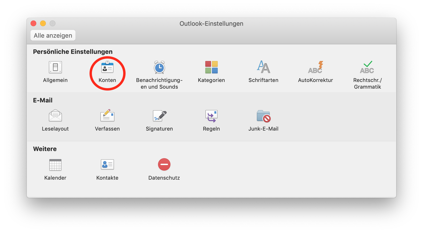 Fenster Outlook-Einstellungen. Schaltfläche Alle anzeigen. Persönliche Einstellungen. 7 Symbole mit Bezeichnungen, markiert Konten. E-Mail. 5 Symbole mit Bezeichnungen. Weitere. 3 Symbole mit Bezeichnungen.