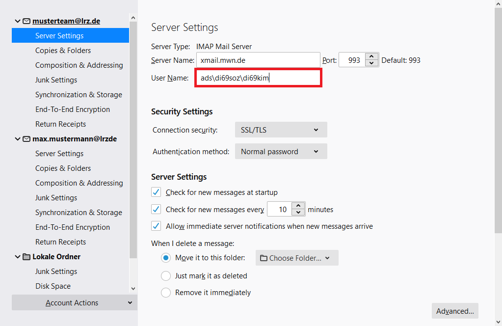 Accounts Settings window. In the left column under Sample Musterteam At lrz.de selected Server Settings. In the main field, Server Settings. Server type and server as before. Then Selected User Name, ads backslash di69soz backslash di69kim. The remaining picture shows nothing special.