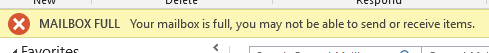 Below the menu band line on light yellow background. Symbol X cross in red circle. MAILBOX FULL. Your mailbox is full, you may not be able to send or receive items.