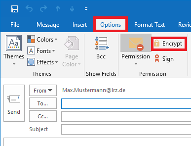 Part of the window for creating an e-mail. Options tab with the tab marked. In the Permission command group marked Lock icon, Encrypt.