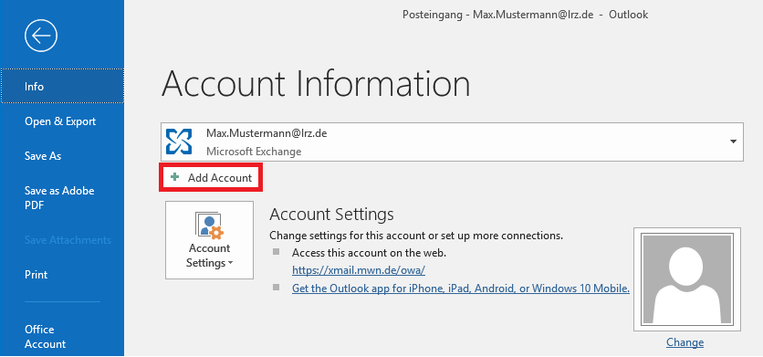 Window section. Left column left arrow in circle for back. Selected info. Other points. Main panel on the right. Large font, Account Information. Selection field X-like symbol that resembles 2 crossed paper clips, 2-line label, Max.Mustermann At lrz.de, Microsoft Exchange. Below marked, plus sign, Add Account. After that still the account settings.