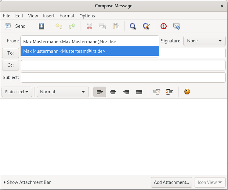 Window Compose Message. Menu bar. Toolbar. From, selected input field Max Mustermann Smaller character Max.Mustermann At lrz.de Larger character, Signature, selected field None. To, selected input field Max Mustermann Kleinerzeichen Musterteam At lrz.de Larger character. The rest is empty.