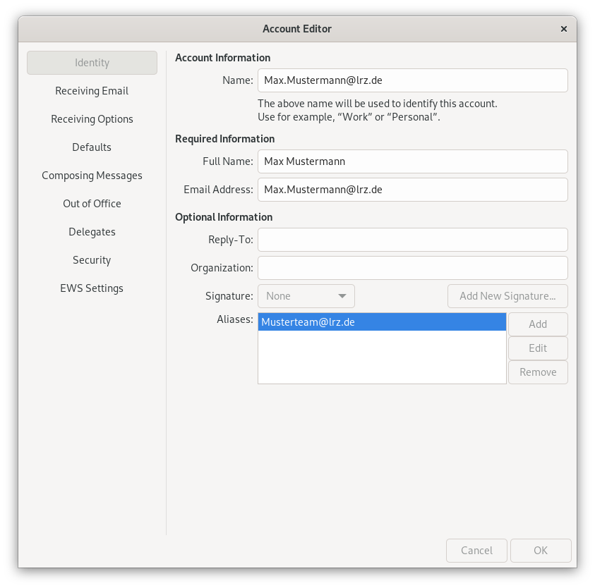 Account editor window as before with modification Aliases, larger input field marked Musterteam At lrz.de, right of it one below the other 3 buttons, Add, Edit, Remove. At the bottom right, buttons Cancel, OK.