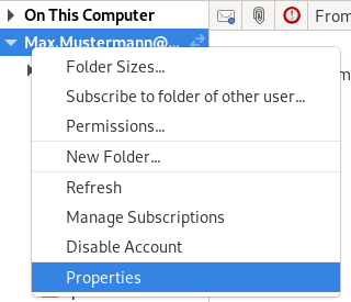 Window pane. Arrowhead to the right for not unfolded, On This Computer. Arrowhead down for unfolded, Max.Mustermann At lrz.de. Overlaid by context menu with 8 items, selected item 8 Properties.