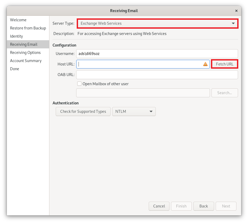 Window Retrieving Email. Left column with 7 items, selected item 4, Retrieving Emails. On the right, the main field. Server Type, selected checkbox Exchange Web Services. Description, For accessing Exchange servers using Web Services. Configuration. Username, input field ads backslash di69soz. Host URL, Empty input field, right button Fetch URL. OAB address, empty input field, below empty box, Open Mailbox of other user, below empty input field, right dimmed button Search... Authentication. Check for Supported Types, checkbox NTLM. At the very bottom right, 4 buttons Cancel, dimmed Finish, Back, dimmed Next.