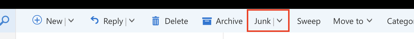 Screenshot of an email toolbar. From left to right, it shows the buttons: “New,” “Reply,” “Delete,” “Archive,” and “Junk” (highlighted with a red box), followed by “Sweep,” “Move to,” and “Category.”
