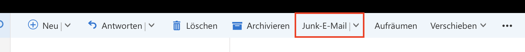 Menüleiste in Outlook Web App mit den Schaltflächen: „Neu“, „Antworten“, „Löschen“, „Archivieren“, „Junk-E-Mail“ (markiert), „Aufräumen“, „Verschieben“ und einem Menü mit drei Punkten für weitere Optionen.