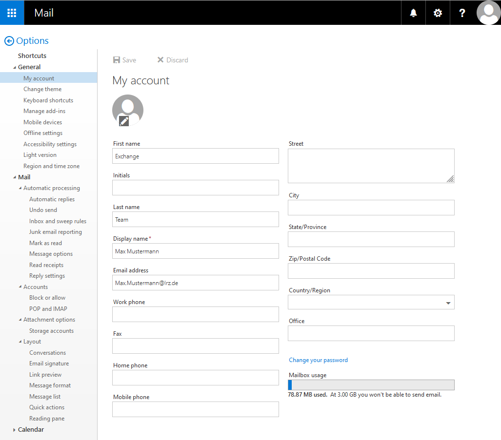 Window Mail. Left column with the options. Item 2, General. Subitem 1, selected My account. Main field My account with the parameters in 2 columns. In the right column at the end. Mailbox usage. Gray bar, in the left part dark gray. 78.87 MB used. At 3.00 GB you won't be able to send email.