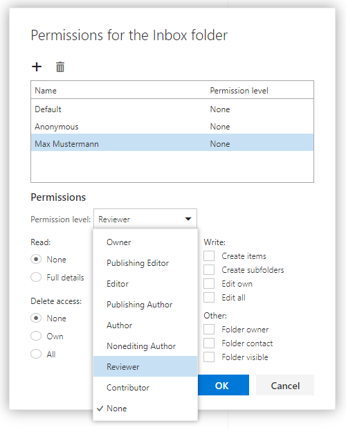 Window Permissions for the Inbox folder as before. In the table a new selected entry 3rd column name, Max Mustermann. Permission level None. Permissions. Permission level, expanded checker selection box with 9 entries, Owner, Publishing editor, Editor, Publishing Author, Author, Nonediting Author, Selected Reviewer, Contributor, Checked None.