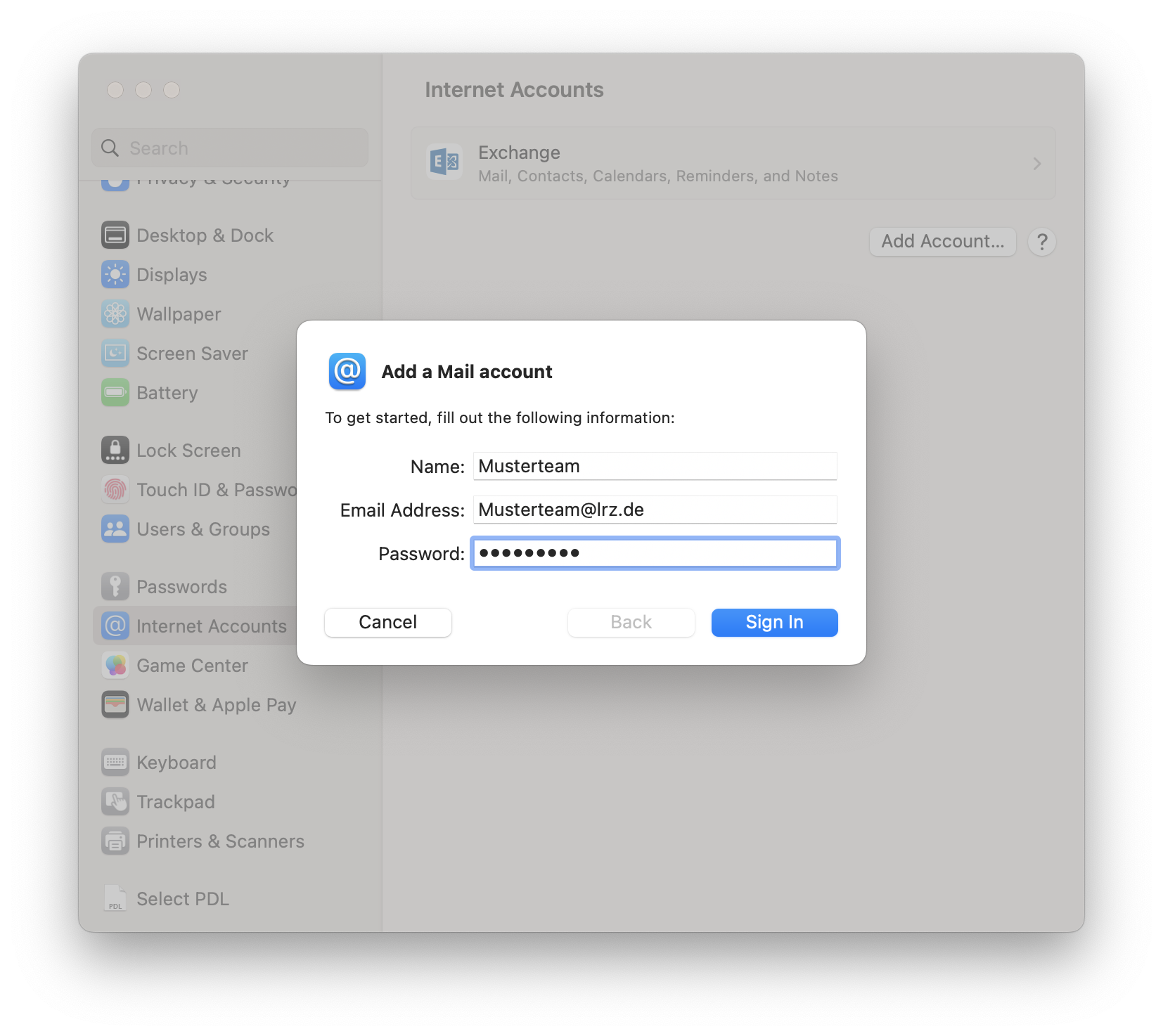 The previous window is overlapped by the smaller Add a Mail account window. To get started, fill out the following information, colon. Name, input field Musterteam. Email Address, input field musterteam At lrz.de. Password, Thick dots input field. Bottom left, Cancel button, right buttons dimmed Back, Sign In.