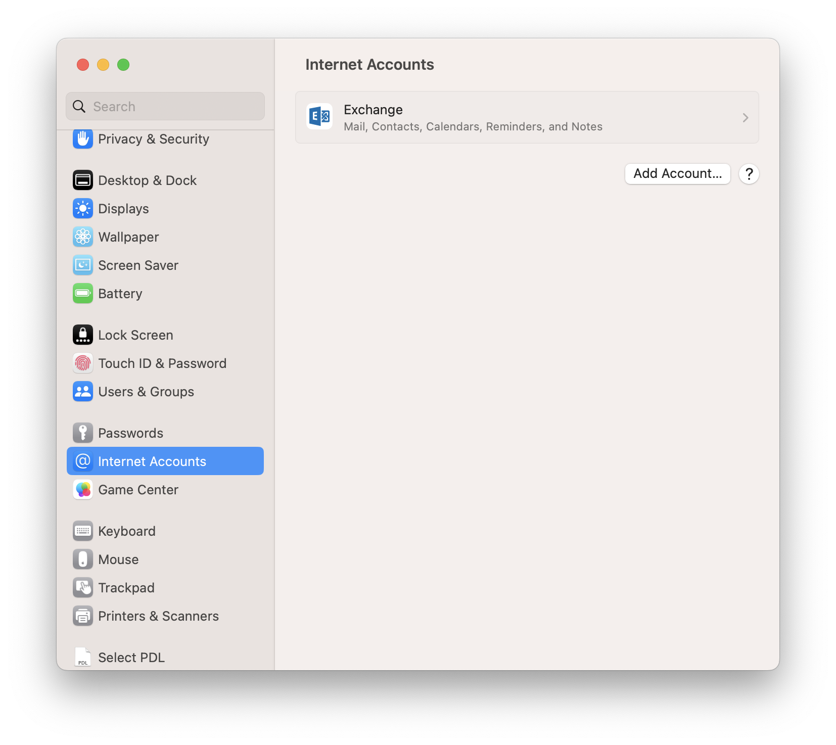 Window System Preferences, Internet Accounts. Left column, empty input field Search, below 17 categories with icons for settings. Selected category Internet Accounts. On the right in the main field, Exchange icon, next to it Exchange, Mail, Contacts, Calendar, Reminders and Notes. On the right, button Add Account..., behind it a question mark button in a circle to go to Help.