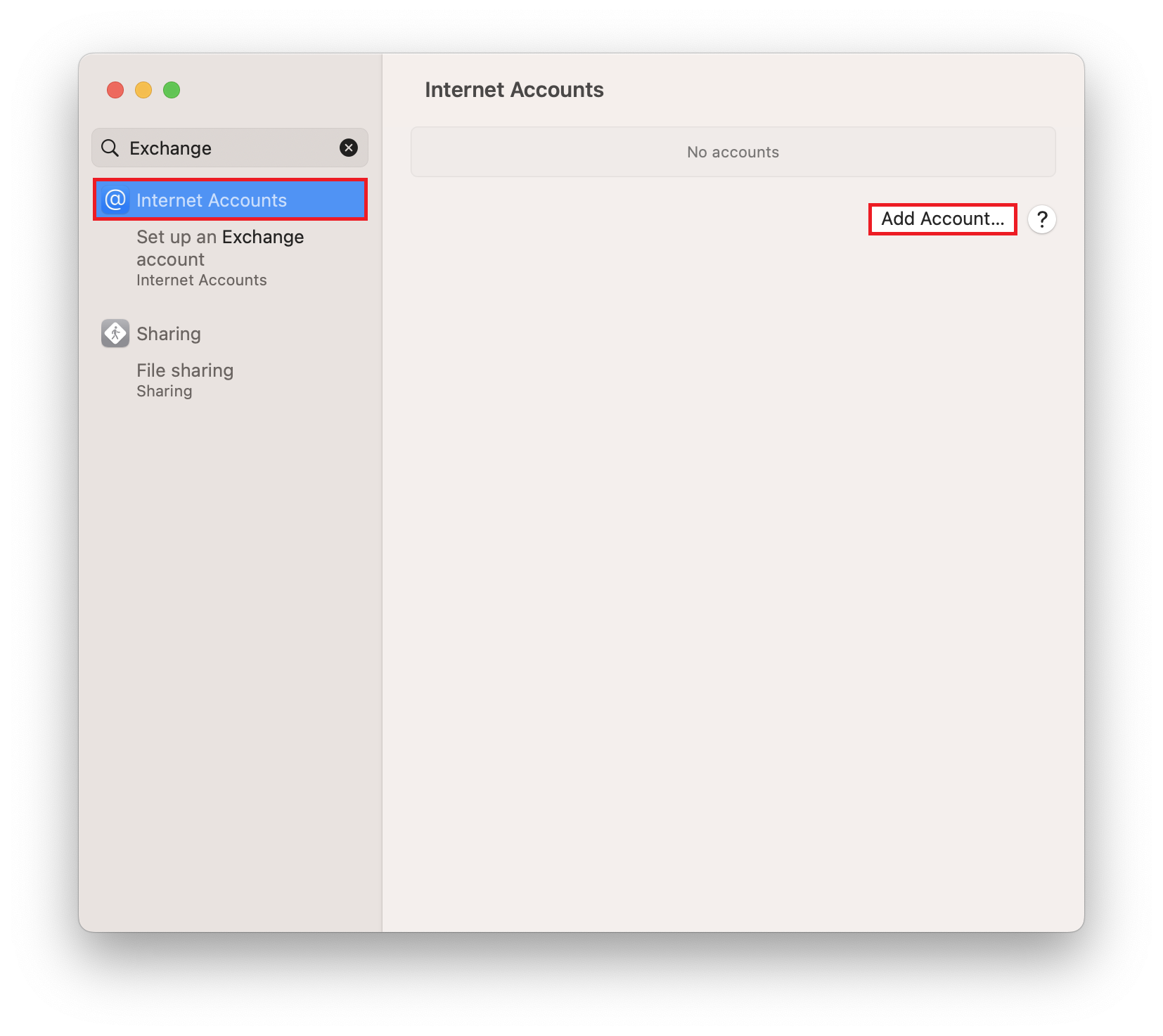 Window Internet Accounts. Left column, search field Excha, below marked Internet Accounts, Configure Exchange Account Internet Accounts. On the right in the main field, No accounts. Marked button, Add Account..., Behind it a question mark button in a circle to get to help.