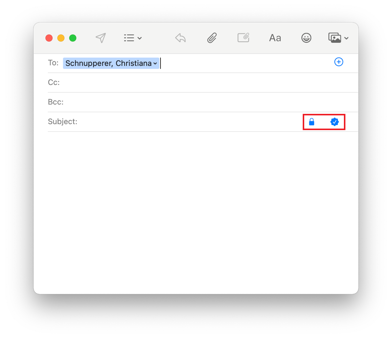 Email Window. To, Schnupperer, Christiana, right plus sign in circle. Subject, Empty, right highlighted 2 icons, both on blue background, Closed lock, check mark in gear.