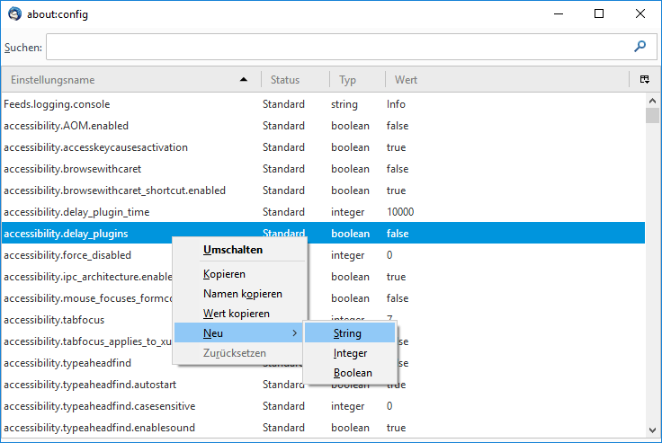 Fenster about Doppelpunkt config. Suchen, leeres Suchfeld. Tabelle mit 4 Spalten, Einstellungsname, Status, Typ Wert. Tabellenkörper mit sehr vielen Einträgen, rechts ein Verschiebebalken. Über einem Eintrag steht das Kontextmenü, ausgewählt ist Neu, rechts davon das Untermenü, ausgewählt ist String.