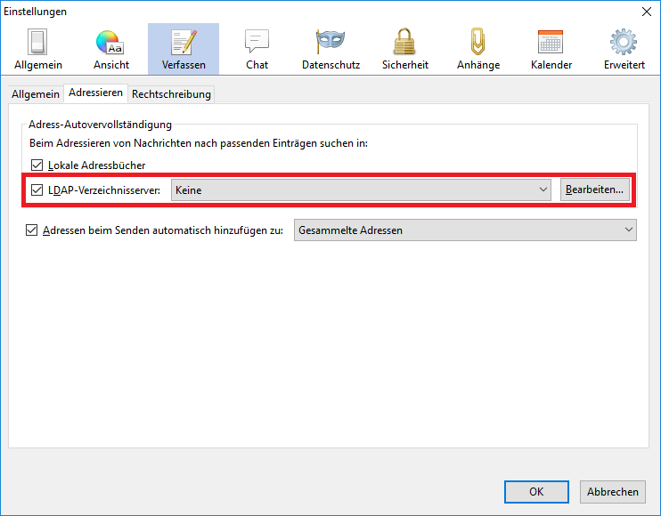 Fenster Einstellungen. Themenleiste, ausgewählt ist das dritte Thema, Verfassen. 3 Karteikarten, ausgewählt ist die zweite, Adressieren. Bereich Adress-Autovervollständigung. Beim Adressieren von Nachrichten nach passenden Einträgen suchen in, Doppelpunkt. Kästchen mit Haken, Lokale Adressbücher. Markierte Zeile, Kästchen mit Haken, LDAP-Verzeichnisserver Doppelpunkt, Auswahlfeld Keine, Schaltfläche Bearbeiten... Unter diesem Bereich, Kästchen mit Haken, Adressen beim Senden automatisch hinzufügen zu, Doppelpunkt, Auswahlfeld Gesammelte Adressen. Ganz unten rechts, 2 Schaltflächen OK, Abbrechen.