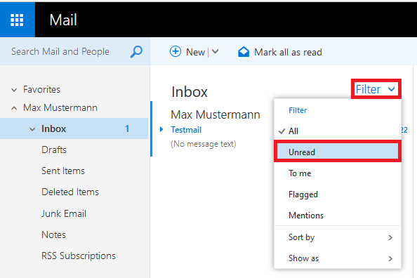 Window section OWA, in black bar Email Left column, search field, below it the favorites, below it Max Mustermann folded out with the folders. To the right, the Inbox with the Filter button, down arrow. Expanded filter with 7 items. Marked Unread.