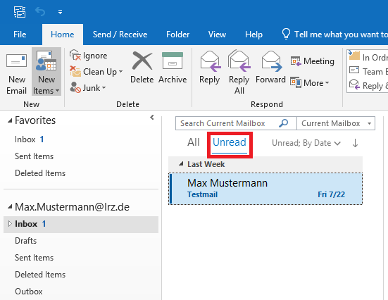 Section of Outlook window. Start tab. Below the ribbon on the left the column with folders. Expanded Favorites with 3 folders. Expanded Max.Mustermann At lrz.de. Under the ribbon the left column. Input field for searching. Below that All, Marked button Unread. Below the unread emails of the Inbox folder.