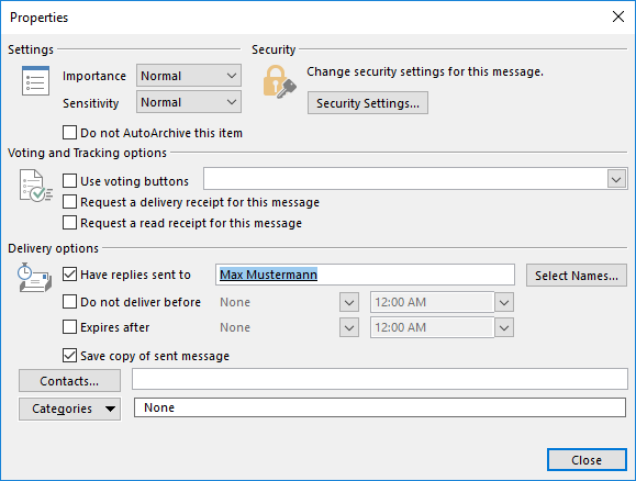 Window Properties. Side by side 2 areas Settings, Security. Voting and Tracking options area. Delivery options area with the first line box with tick, Have replies sent to, Max Mustermann input field, button Select Names... . At the very bottom right, Close button.