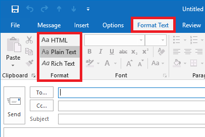 Marked command group Format, below the name Format, above 3 selection points HTML, selected Plain Text, Rich Text.