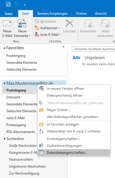 Ausschnitt aus Outlook-Fenster. Registerkarte Start. Unter dem Menüband links die Spalte mit den Ordnern. Aufgeklappt Favoriten mit 3 Ordnern. Aufgeklappt Max.Mustermann At lrz.de. Überlagert vom Kontextmenü mit 10 Punkten, letzter Punkt ausgewählt Datendateieigenschaften...