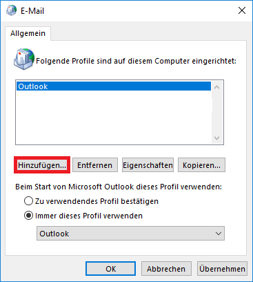 Fenster E-Mail. Karteikarte Allgemein. Ein Symbol. Folgende Profile sind auf diesem Computer eingerichtet. Größeres Feld mit einem Eintrag, Outlook. 4 Schaltflächen Markiert Hinzufügen..., Entfernen, Eigenschaften, Kopieren... Beim Start von Microsoft Outlook dieses Profil verwenden, Doppelpunkt. Radioknopf nicht ausgewählt, Zu verwendendes Profil bestätigen. Radioknopf ausgewählt, Immer dieses Profil verwenden. Darunter Auswahlfeld Outlook. Unten rechtsbündig, 3 Schaltflächen OK, Abbrechen, Übernehmen.