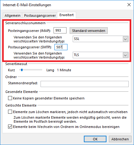 Fenster Internet-E-Mail-Einstellungen. Karteikarte Allgemein, Postausgangsserver, Ausgewählt Erweitert. Markiert Abschnitt Serveranschlussnummern. Posteingangsserver (IMAP), Eingabefeld 993, Schaltfläche Standard verwenden. Verwenden Sie den folgenden verschlüsselten Verbindungstyp, Auswahlfeld SSL. Postausgangsserver (SMTP), Eingabefeld 587. Verwenden Sie den folgenden verschlüsselten Verbindungstyp, Auswahlfeld TLS. Weitere Abschnitte Servertimeout, Ordner, Gesendete Elemente, Gelöschte Elemente. Auf diese wird hier nicht weiter eingegangen. Ganz unten rechts, 2 schaltflächen OK, Abbrechen.