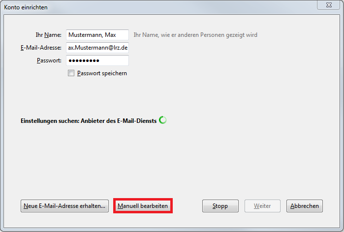Fenster wie zuvor. Im Leerraum steht Einstellungen suchen, Doppelpunkt, Anbieter des E-Mail-Dienstes, kreisendes Symbol für Suchvorgang läuft. Ganz unten neben der linken eine neue Schaltfläche, markiert Manuell bearbeiten.