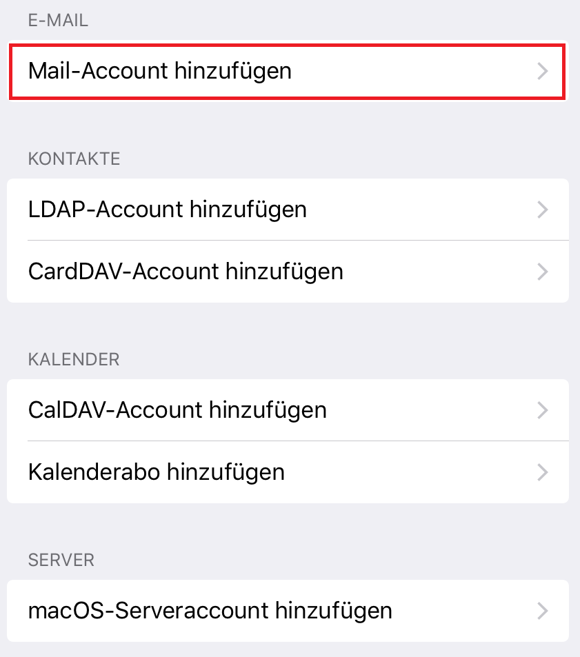 E-MAIL, darunter markiert Mail-Account hinzufügen, rechts Pfeilspitze nach rechts. Es folgen die 3 Bereiche KONTAKTE, KALENDER, SERVER, jeweils mit 1-2 Unterpunten.
