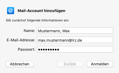 Zeichen At auf blauem Quadrat, Mail-Account hinzufügen. Gib zunächst folgende Informationen ein. Name, Eingabefeld Mustermann, Max. E-Mail-Adresse, Eingabefeld max.mustermann At lrz.de. Passwort, Eingabefeld Dicke Punkte. Unten links, Schaltfläche Abbrechen. Rechts, 2 Schaltflächen Abgeblendet Zurück, Anmelden.
