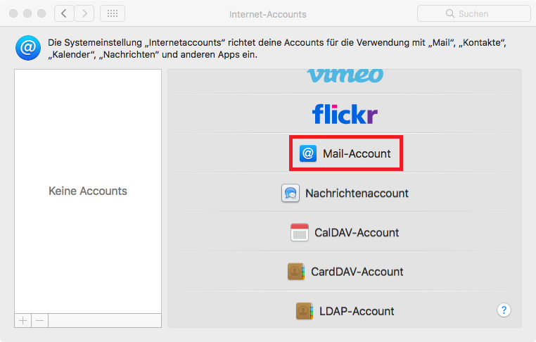 Ähnlich wie zuvor, im Hauptfeld nach den Anbietern, Markiert Zeichen At auf blauem Quadrat, Mail-Account. Darunter 4 weitere Angabe mit Symbol und den Beschriftungen Nachrichtenaccount, CalDAV-Account, CardDAV-Account, LDAP-Account.