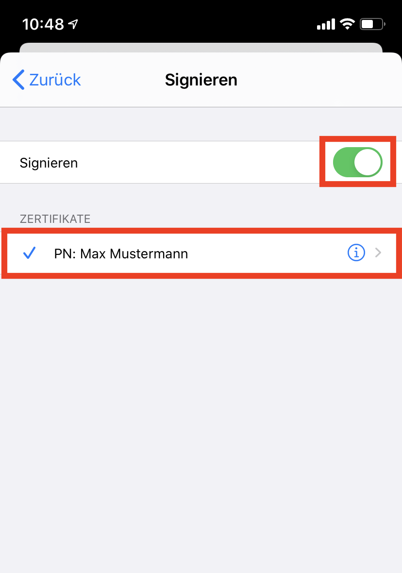 Fenster Signieren, links anklickbar Kleinerzeichen Zurück. Hellgrauer Balken. Signieren, rechts markiert eingeschalteter Schiebeschalter. Hellgrauer Balken mit dem Text ZERTIFIKATE. Markierte Zeile Symbol Haken, PN Doppelpunkt, Max Mustermann, rechts Symbol i im Kreis, Größerzeichen.