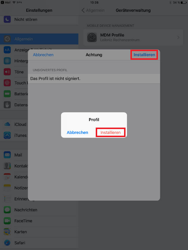 Stark abgeblendetes Fenster Einstellungen, überlagert vom abgeblendeten Fenster Achtung, links anklickbar Abbrechen, rechts markiert anklickbar Installieren. UNSIGNIERTES PROFIL. Das Profil ist nicht signiert. Überlagert vom kleinen Fenster Profil. Anklickbar Abbrechen, markiert anklickbar Installieren.