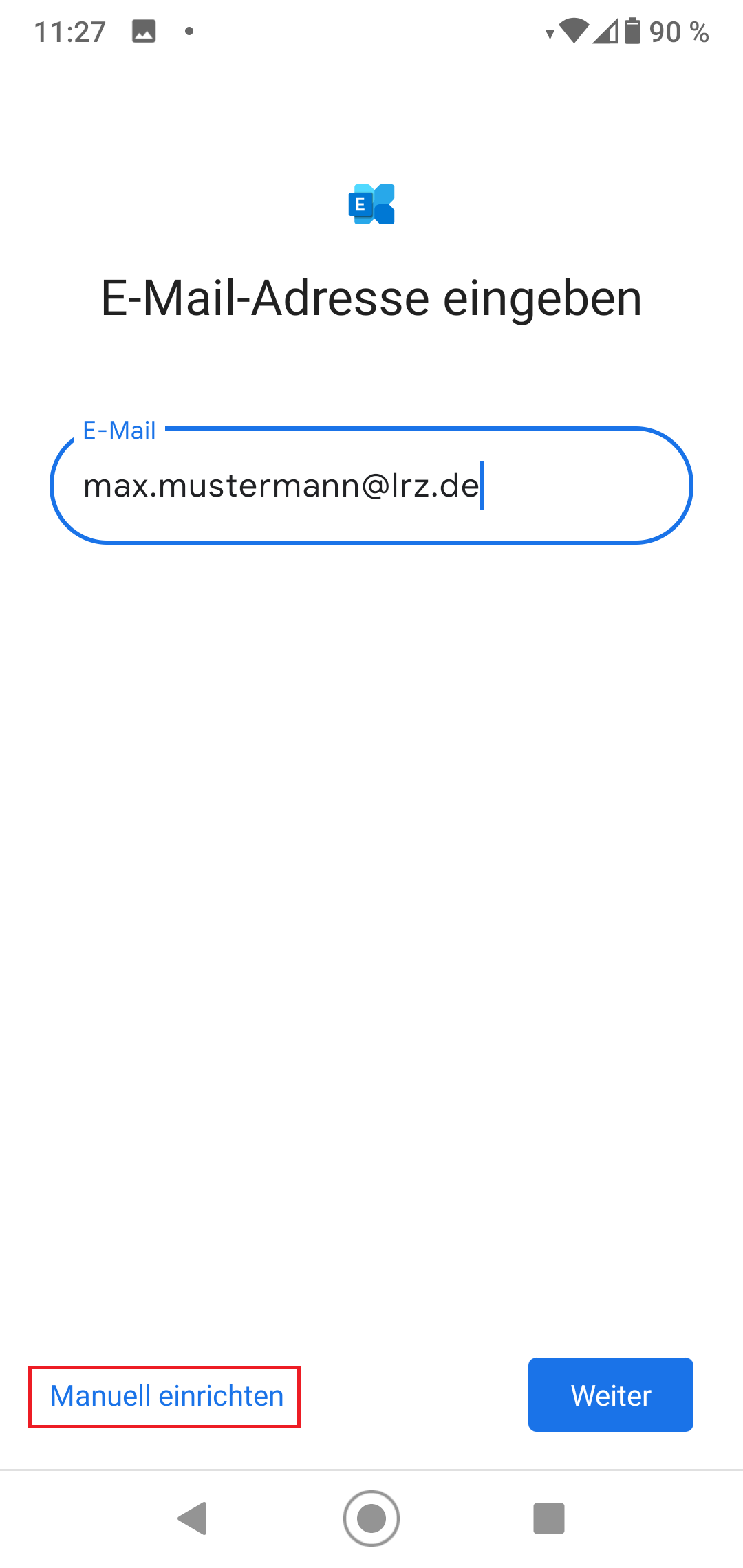 Exchange Logo. E-Mail-Adresse eingeben. E-Mail. Eingabefeld Max.Mustermann At lrz.de. Ganz unten links, markierte Schaltfläche Manuell einrichten, rechts, Schaltfläche Weiter